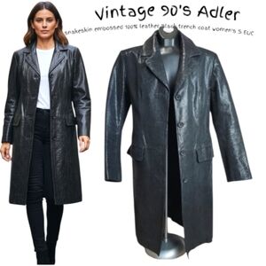 Vintage Women's 90's Adler snakeskin embossed 100% leather Black trench coat S